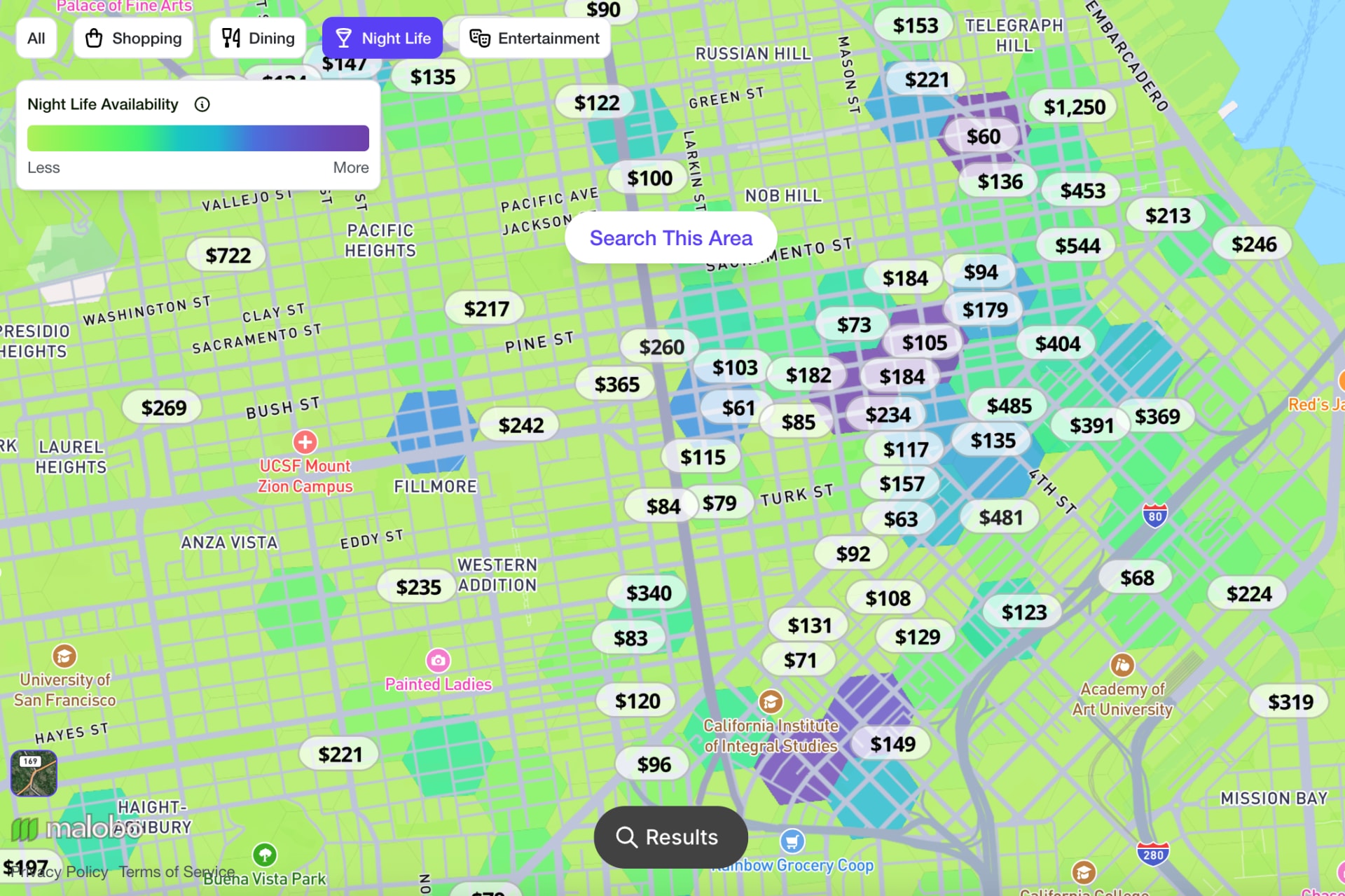 Map view showing all hotels with prices and locations