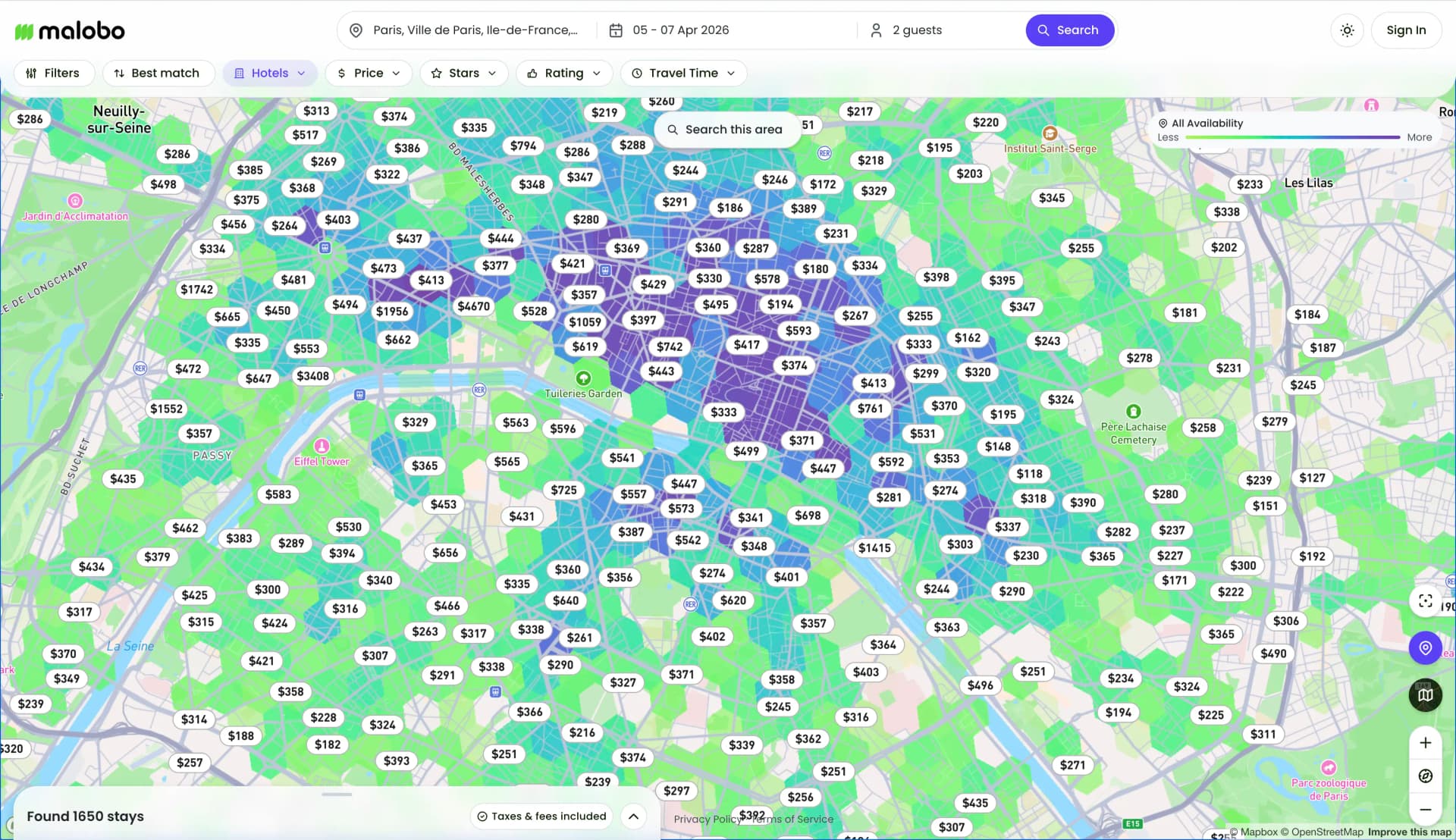 Map view showing hotels overlaid with neighborhood heatmap